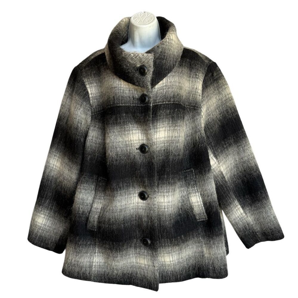 Old Navy Plaid Wool Blend Coat Jacket Women's 3X Gray Mid-Length Overcoat Cozy